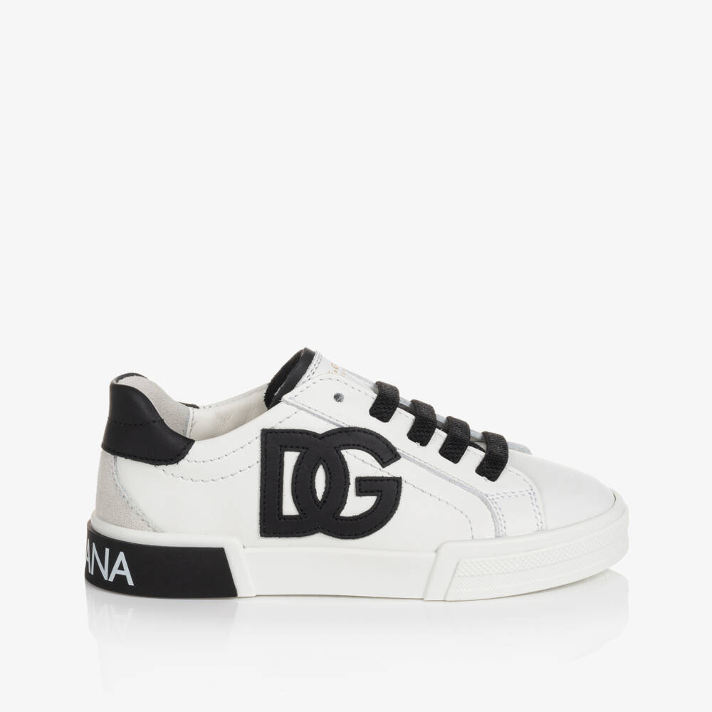 Dolce & Gabbana-White & Black Leather Portofino Trainers | Childrensalon