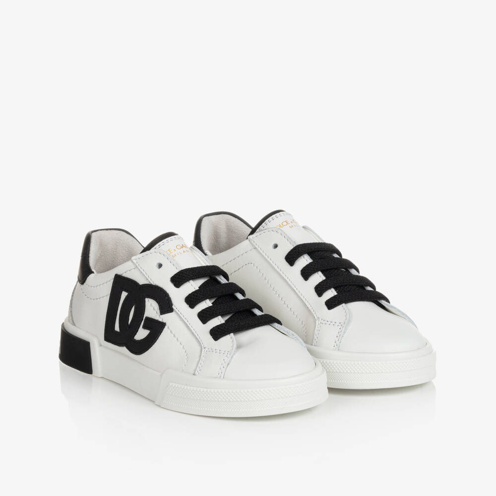 Dolce & Gabbana-White & Black Leather Portofino Trainers | Childrensalon