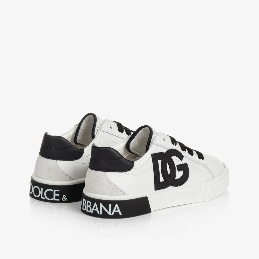 Dolce & Gabbana-White & Black Leather Portofino Trainers | Childrensalon