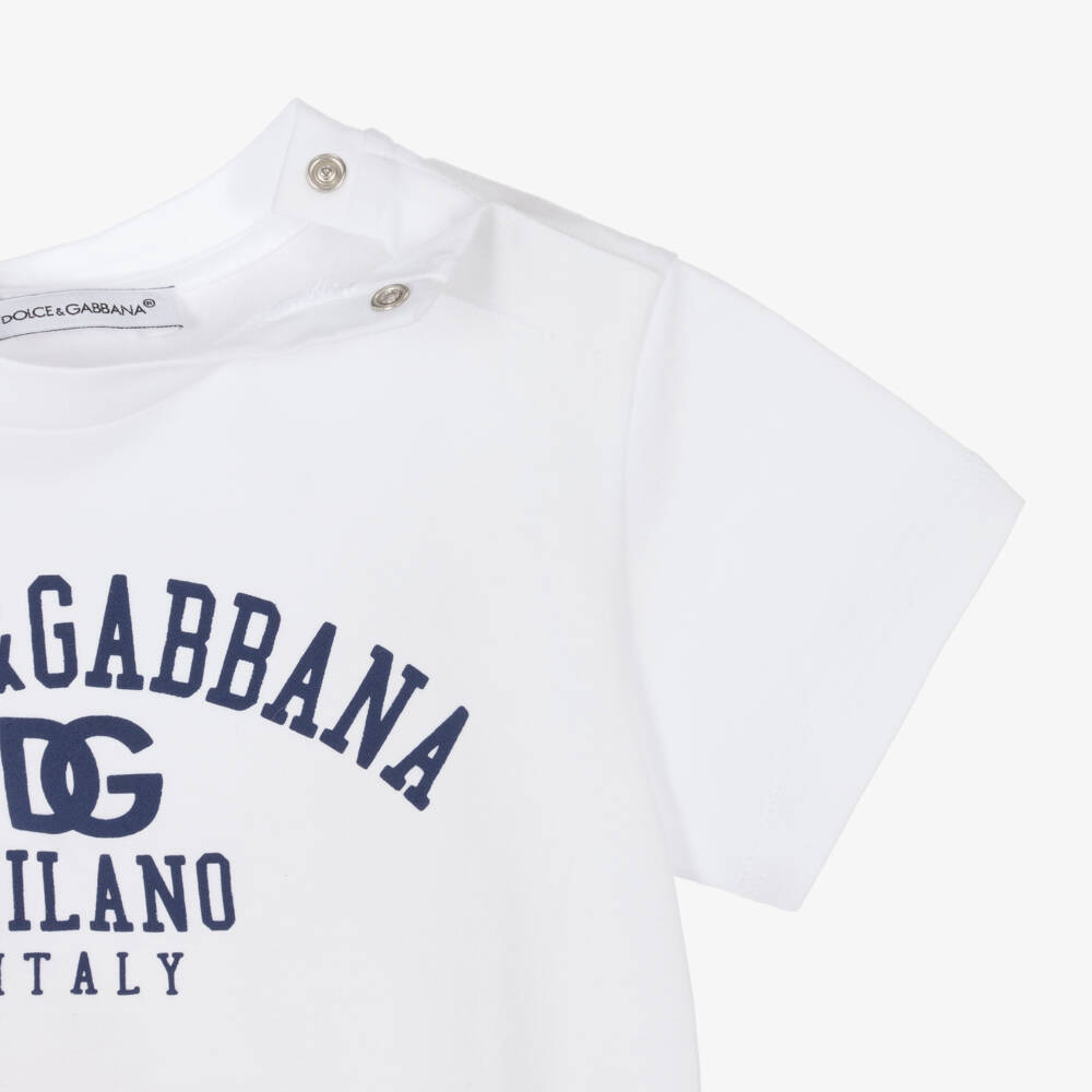 Dolce & Gabbana-White Cotton Milano Logo Baby T-Shirt | Childrensalon