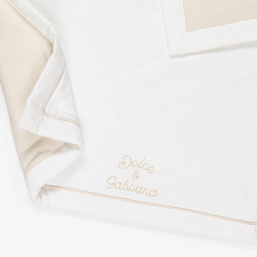 Dolce & Gabbana-White Cotton Padded Blanket with Gold Embroidery (72cm) | Childrensalon