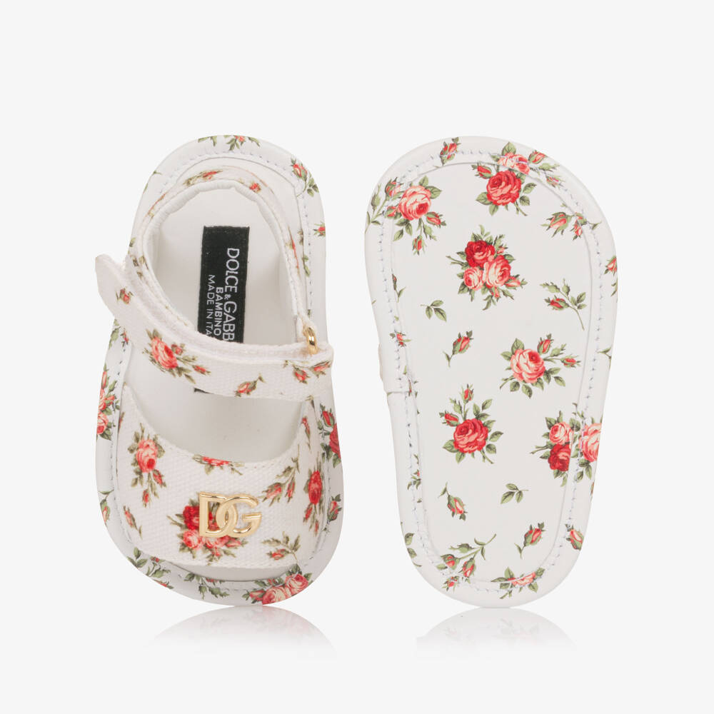 Dolce & Gabbana-Girls White Pre-Walker Sandals with Red Rose Print | Childrensalon
