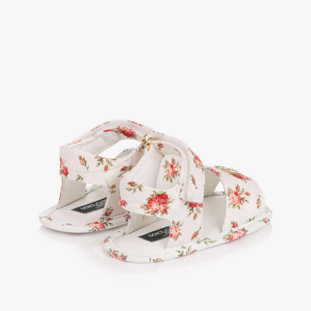 Dolce & Gabbana-Girls White Pre-Walker Sandals with Red Rose Print | Childrensalon
