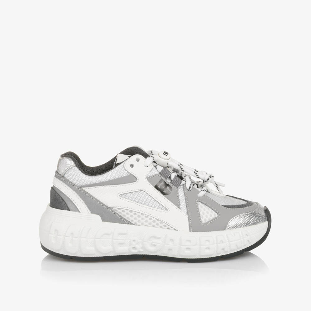 Dolce & Gabbana-White & Grey Mesh Trainers with Leather Trims | Childrensalon