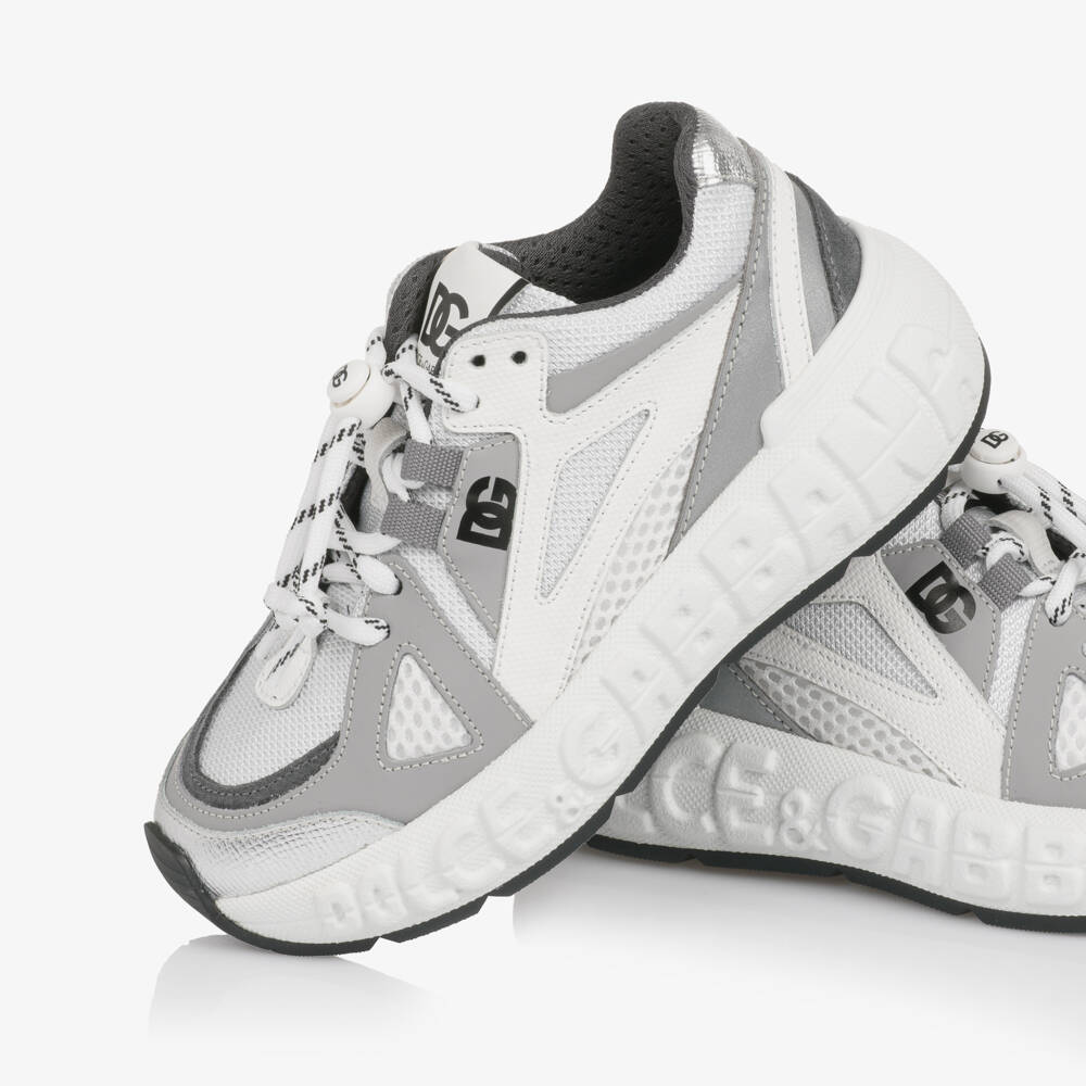 Dolce & Gabbana-White & Grey Mesh Trainers with Leather Trims | Childrensalon