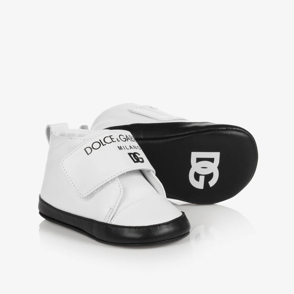 Dolce & Gabbana-White Leather Logo Baby Shoes | Childrensalon