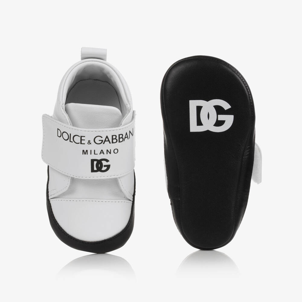 Dolce & Gabbana-White Leather Logo Baby Shoes | Childrensalon
