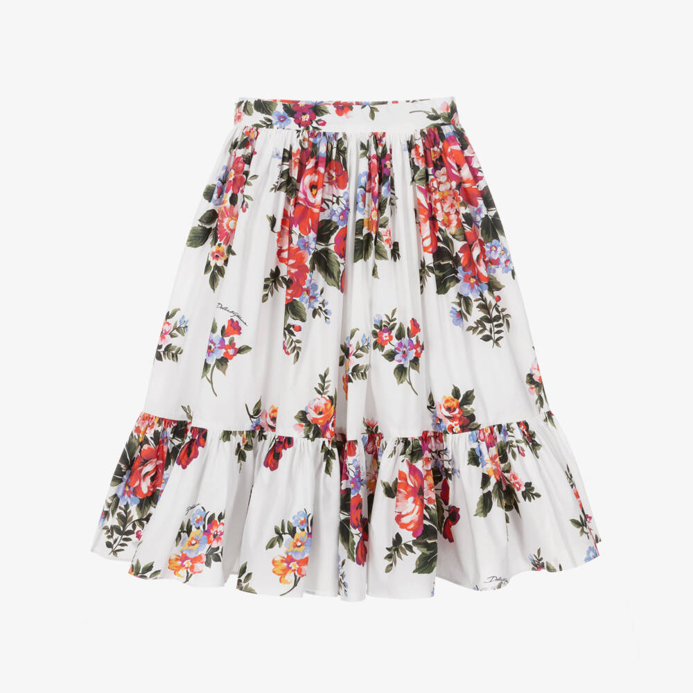 Dolce & Gabbana-Girls White & Red Floral Cotton Maxi Skirt | Childrensalon