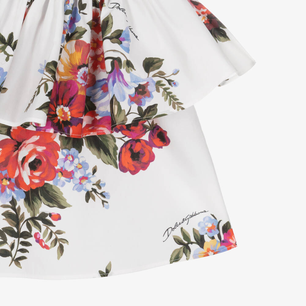 Dolce & Gabbana-Girls White & Red Floral Asymmetric Ruffle Cotton Top | Childrensalon
