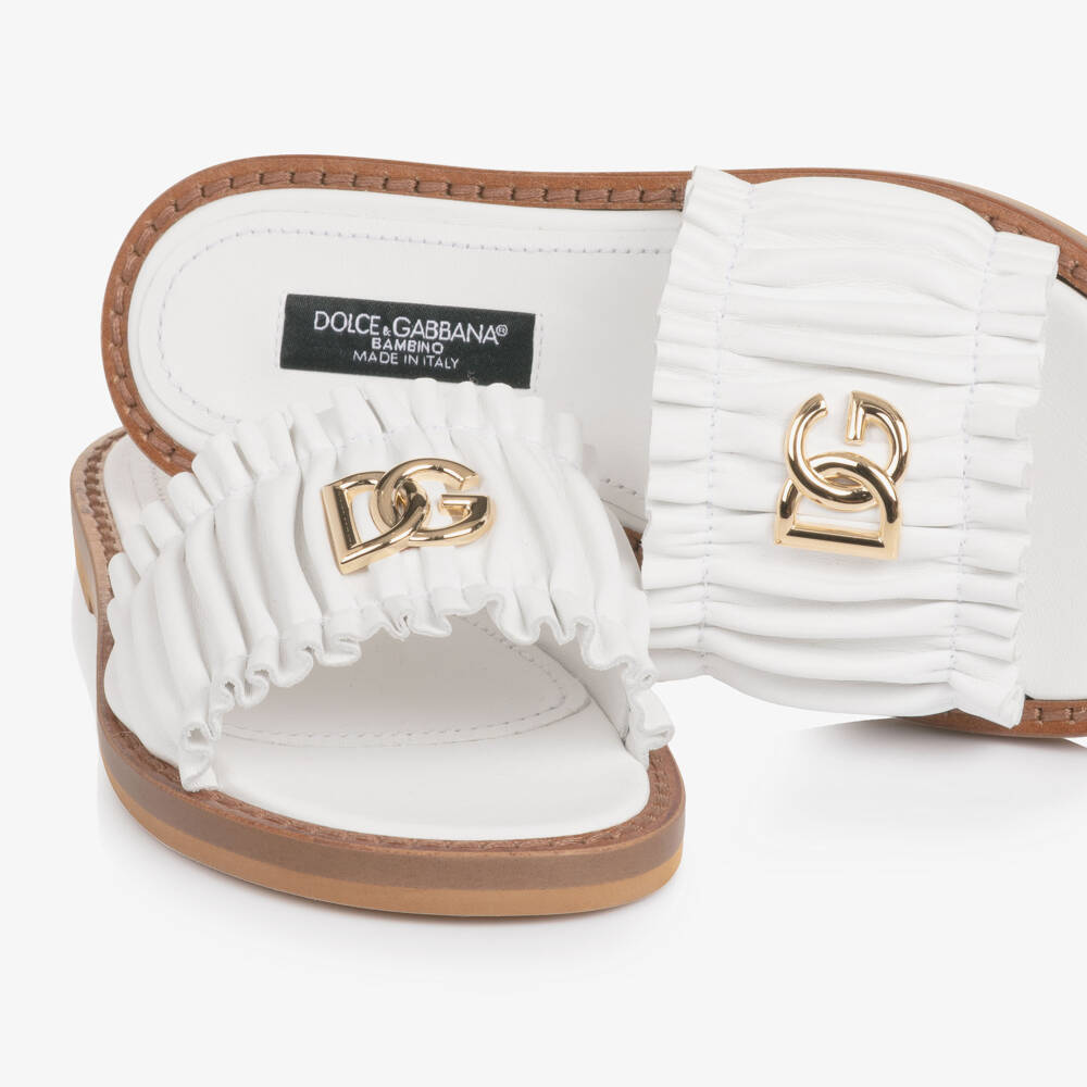 Dolce & Gabbana-Girls White Leather Ruffle Sliders with Crossed DG Logo | Childrensalon