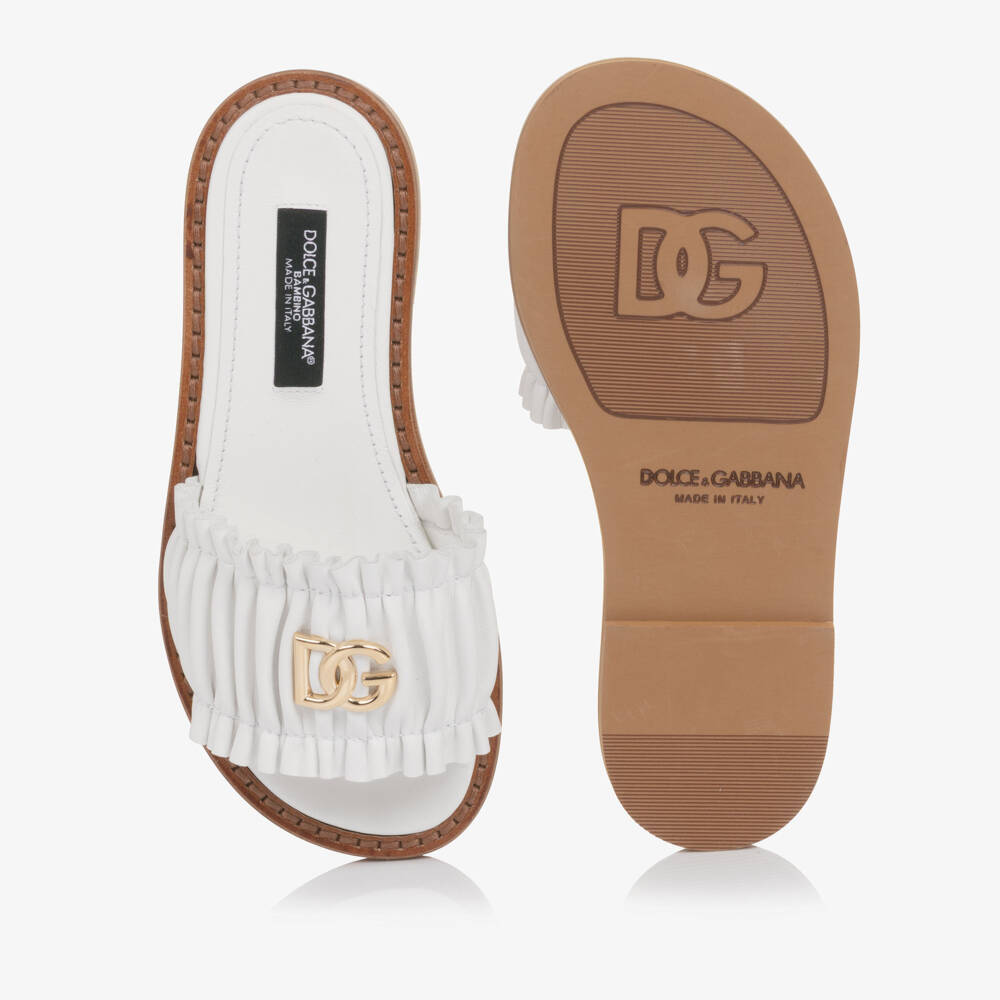 Dolce & Gabbana-Girls White Leather Ruffle Sliders with Crossed DG Logo | Childrensalon