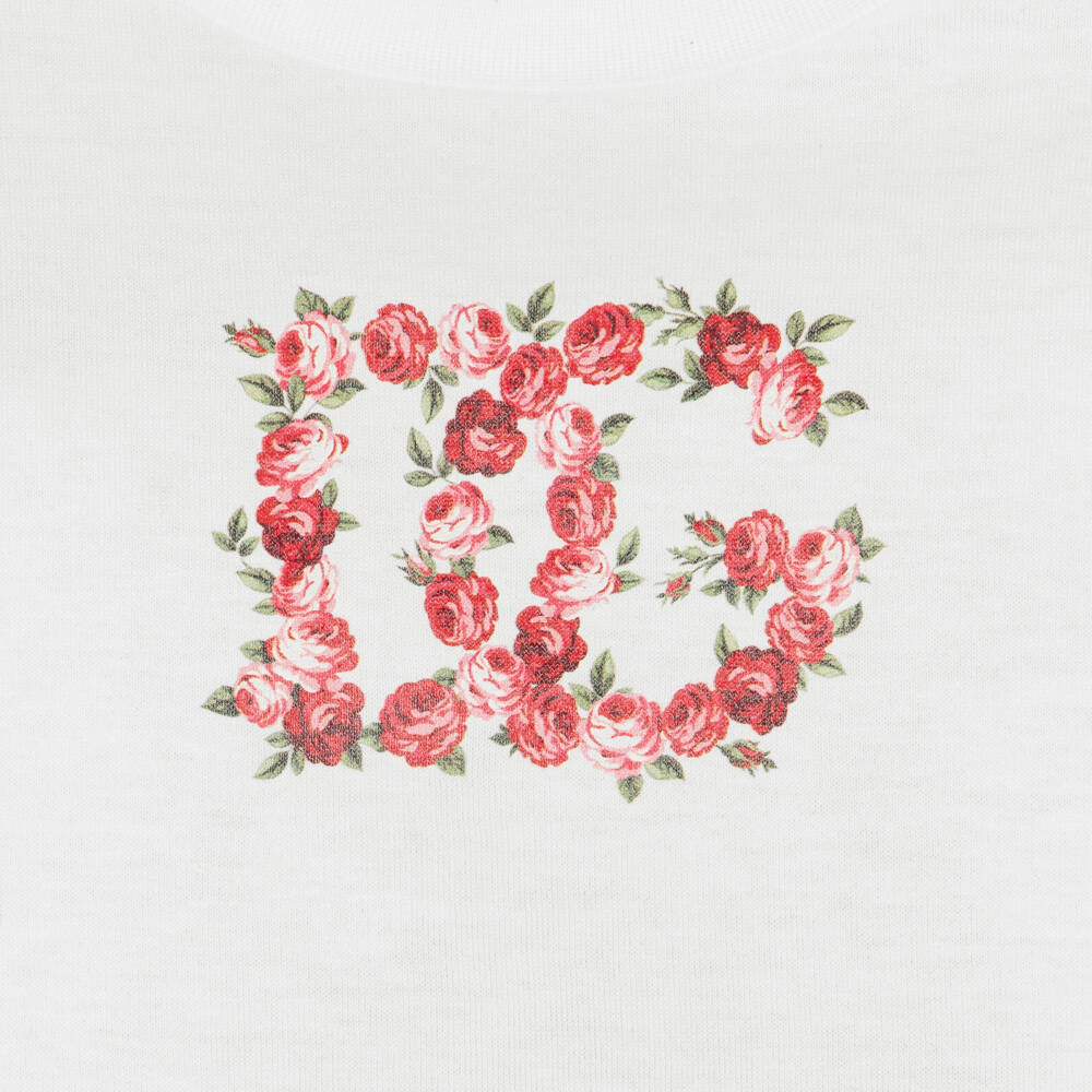 Dolce & Gabbana-Girls White Cotton T-Shirt with Red Rose DG Logo | Childrensalon