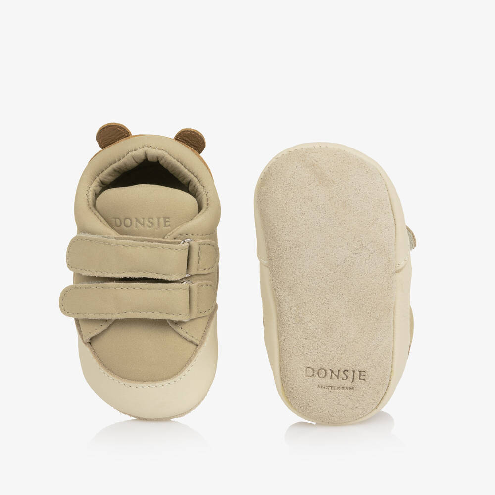 Donsje-Baby Boys Pale Beige Leather Teddy Bear Pre-Walker Shoes | Childrensalon