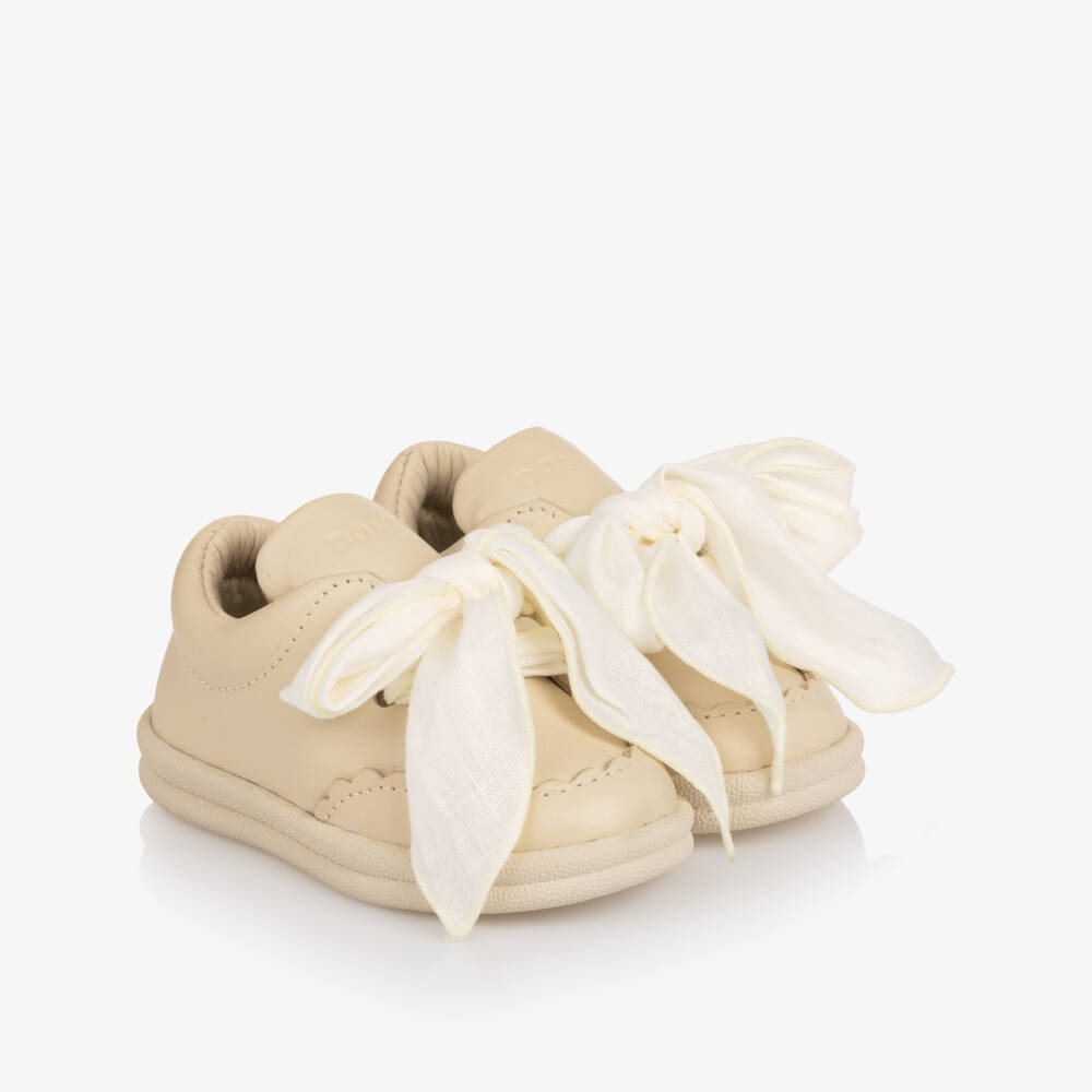 Donsje-Baby Girls Ivory Leather First Walkers with Bow Laces | Childrensalon