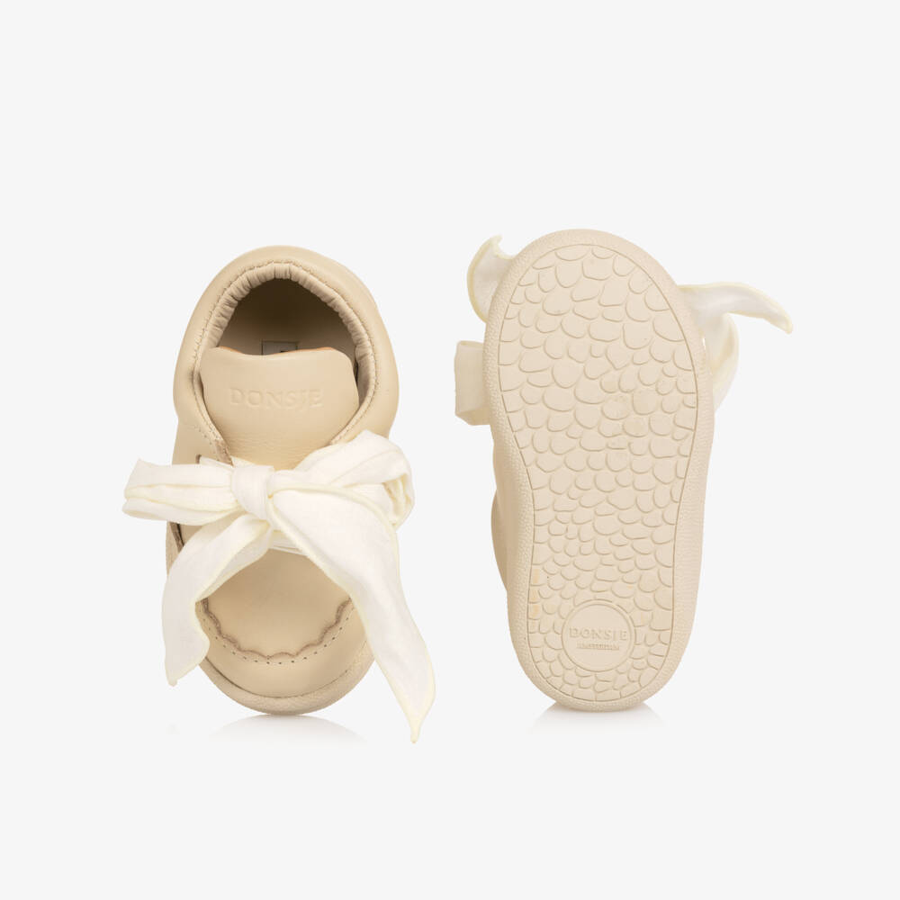 Donsje-Baby Girls Ivory Leather First Walkers with Bow Laces | Childrensalon