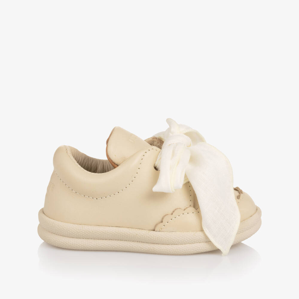 Donsje-Baby Girls Ivory Leather First Walkers with Bow Laces | Childrensalon