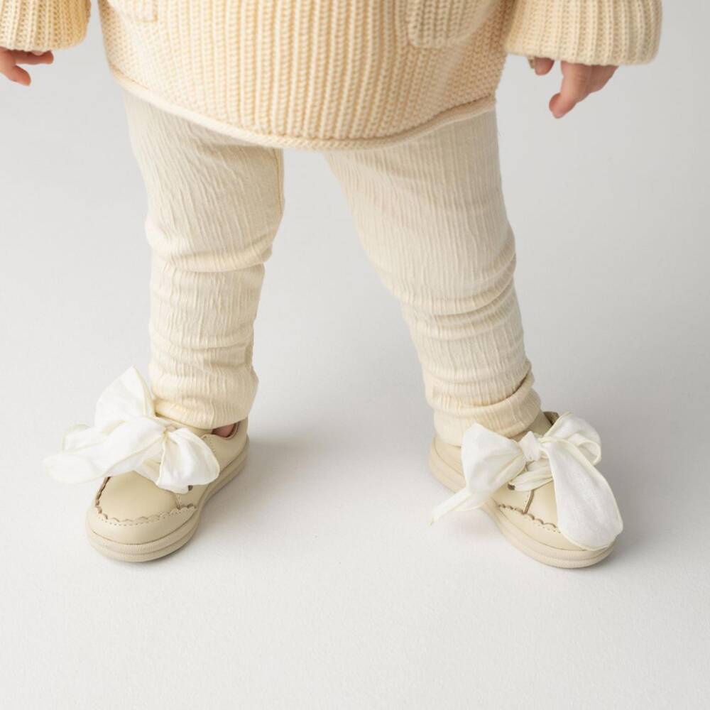 Donsje-Baby Girls Ivory Leather First Walkers with Bow Laces | Childrensalon