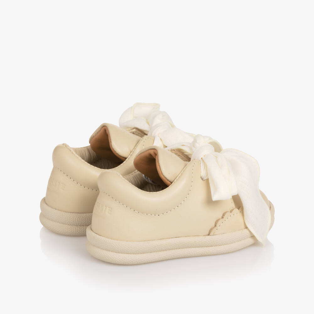 Donsje-Baby Girls Ivory Leather First Walkers with Bow Laces | Childrensalon