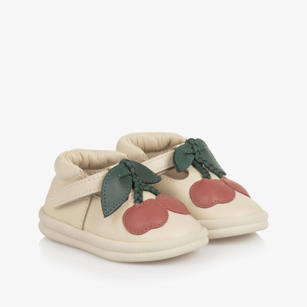Donsje-Baby Girls Ivory Leather First Walkers with Cherry Motif | Childrensalon