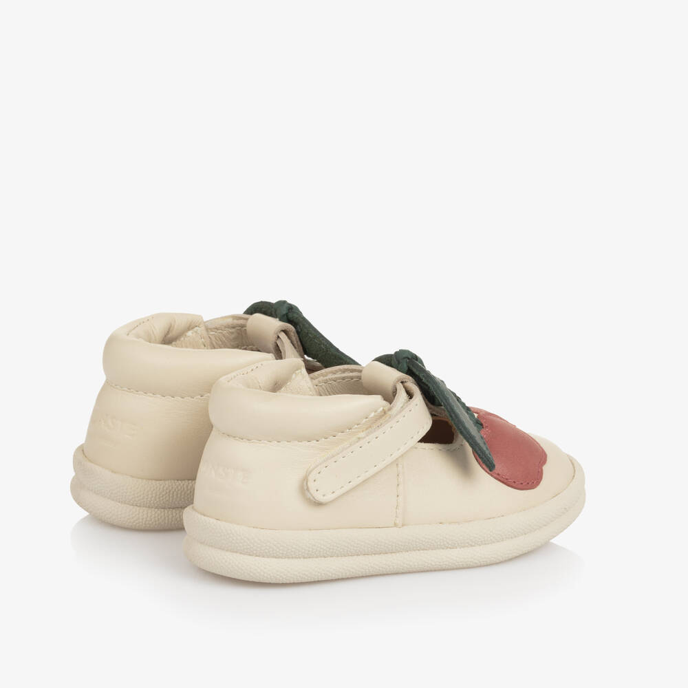 Donsje-Baby Girls Ivory Leather First Walkers with Cherry Motif | Childrensalon