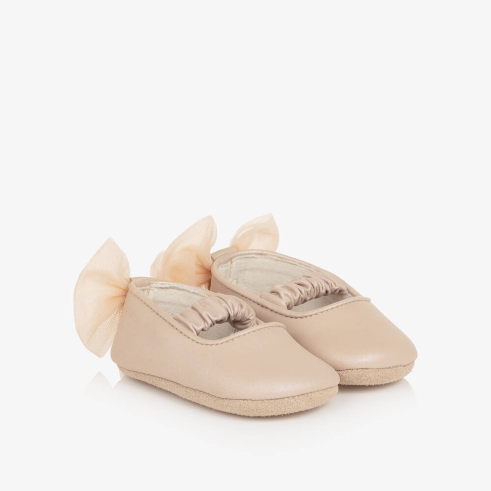 Donsje-Baby Girls Pink Leather Pre-Walkers with Tulle Bow | Childrensalon