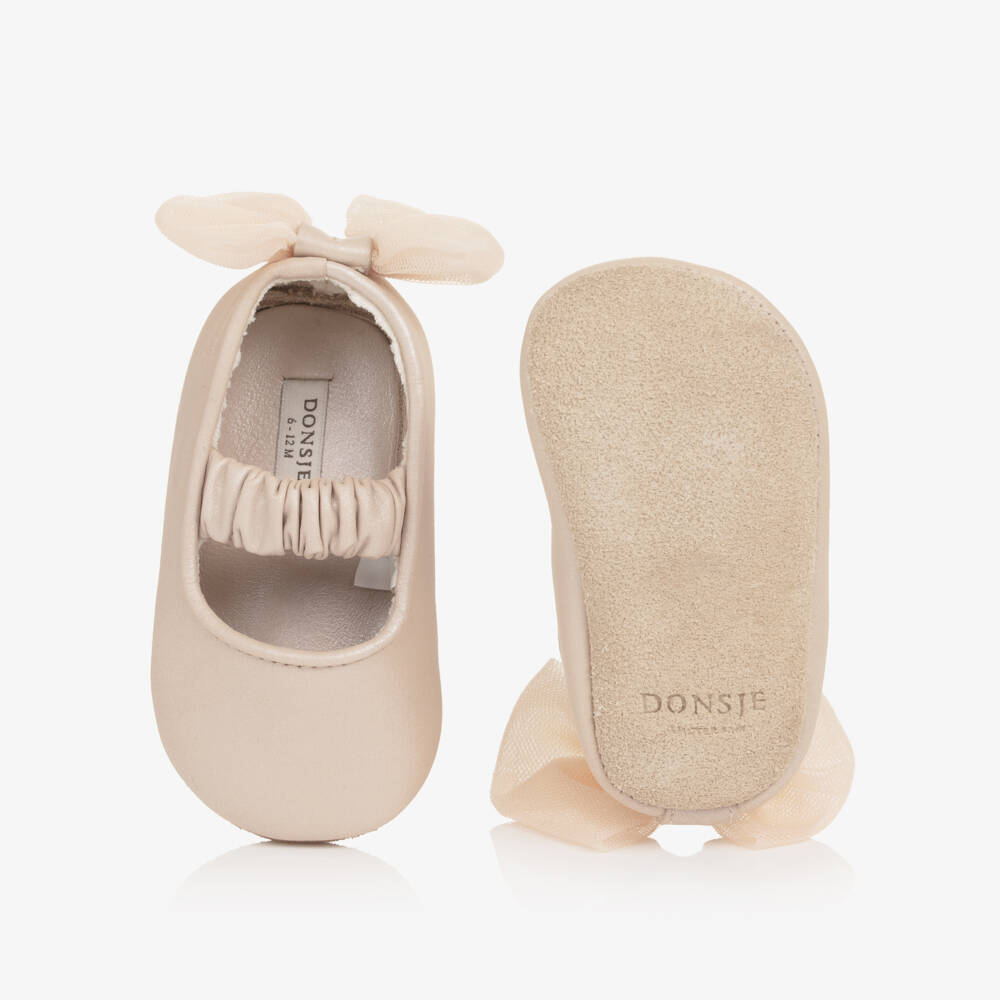 Donsje-Baby Girls Pink Leather Pre-Walkers with Tulle Bow | Childrensalon