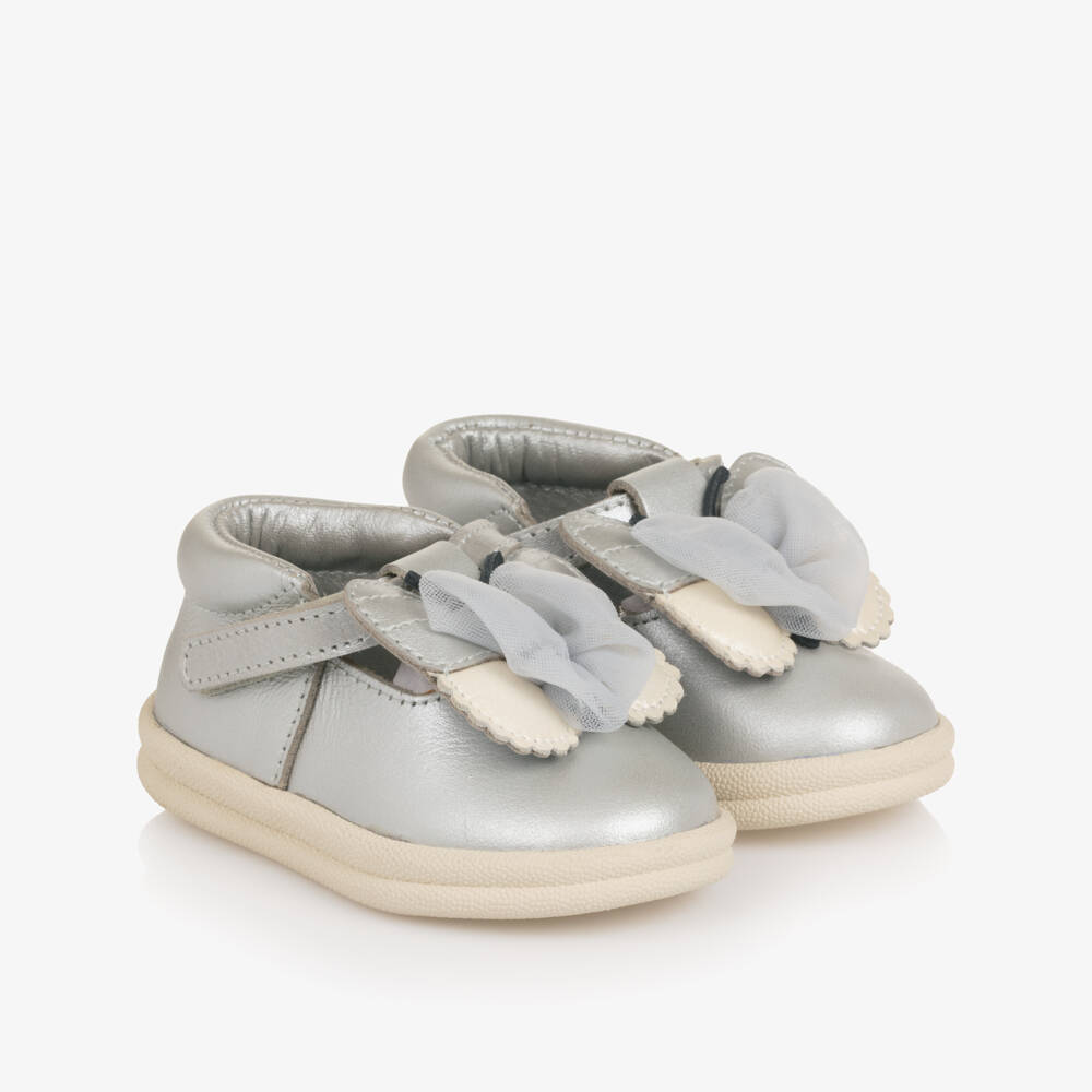 Donsje-Baby Girls Silver Leather First Walkers with Butterfly Motif | Childrensalon