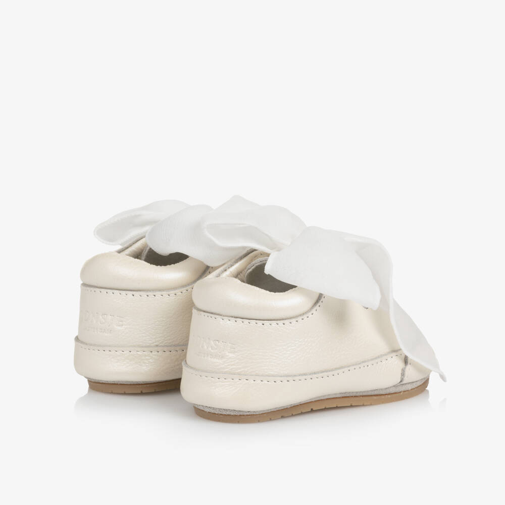 Donsje-Baby Girls White Leather Ribbon Bow Pre-Walker Shoes | Childrensalon
