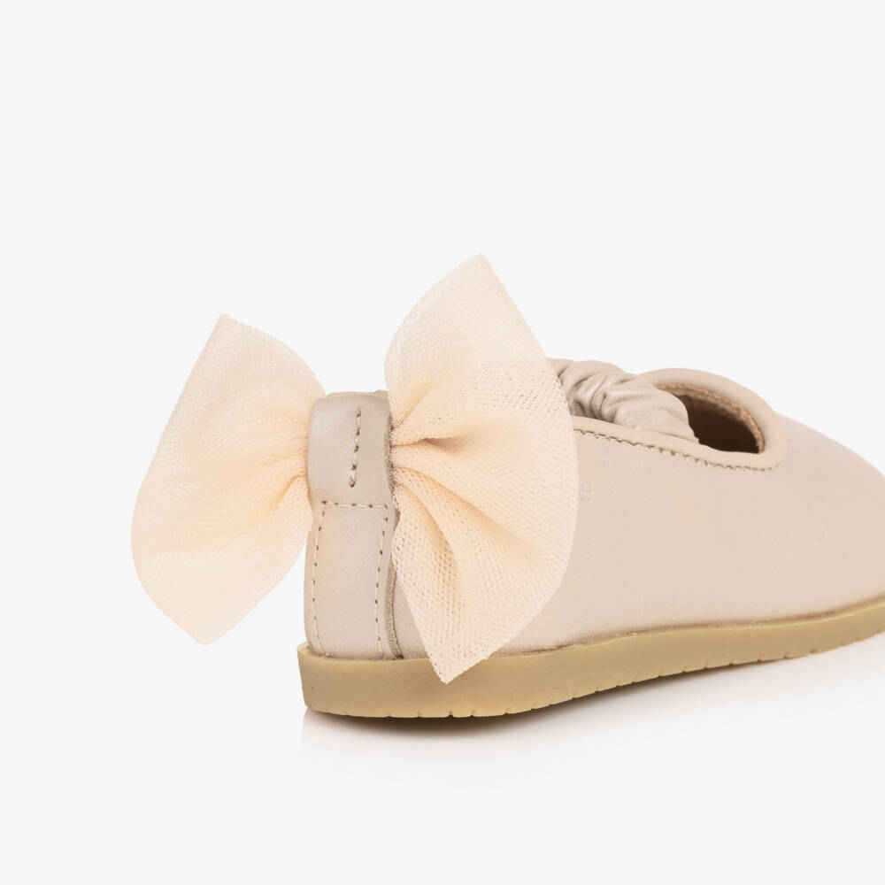 Donsje-حذاء باليرينا جلد بفيونكة تول لون زهري للبنات الرضع | Childrensalon