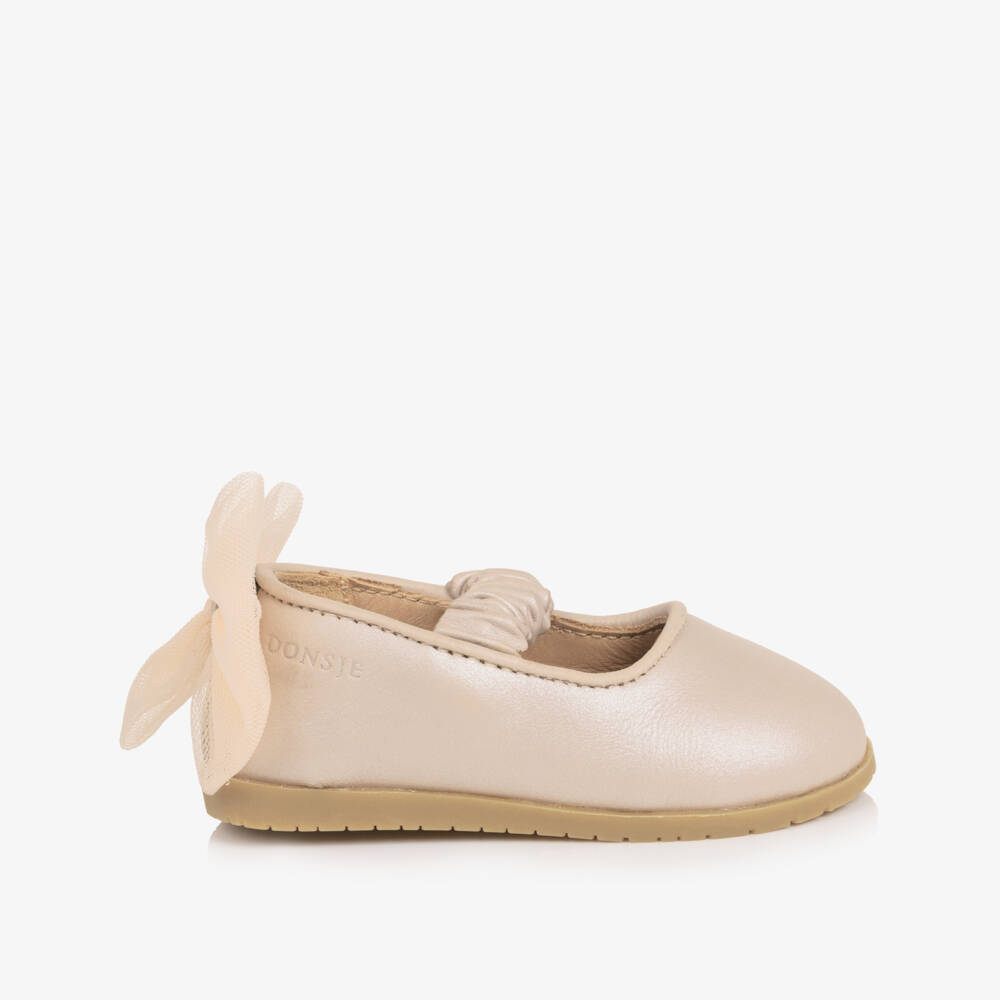 Donsje-حذاء باليرينا جلد بفيونكة تول لون زهري للبنات الرضع | Childrensalon