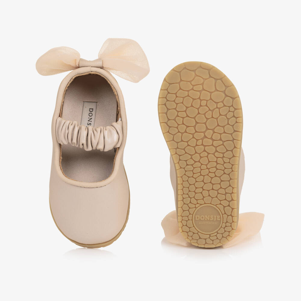 Donsje-حذاء باليرينا جلد بفيونكة تول لون زهري للبنات الرضع | Childrensalon