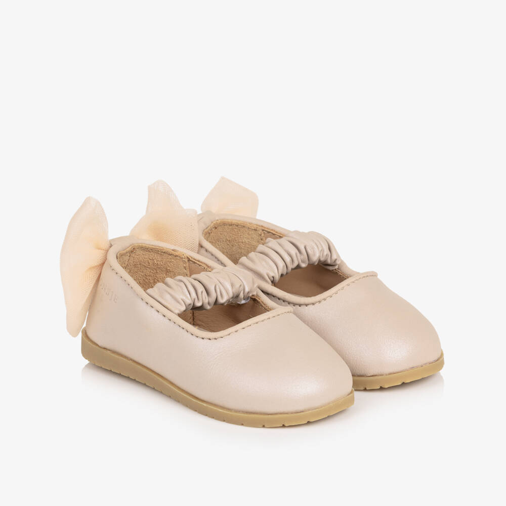 Donsje-حذاء باليرينا جلد بفيونكة تول لون زهري للبنات الرضع | Childrensalon
