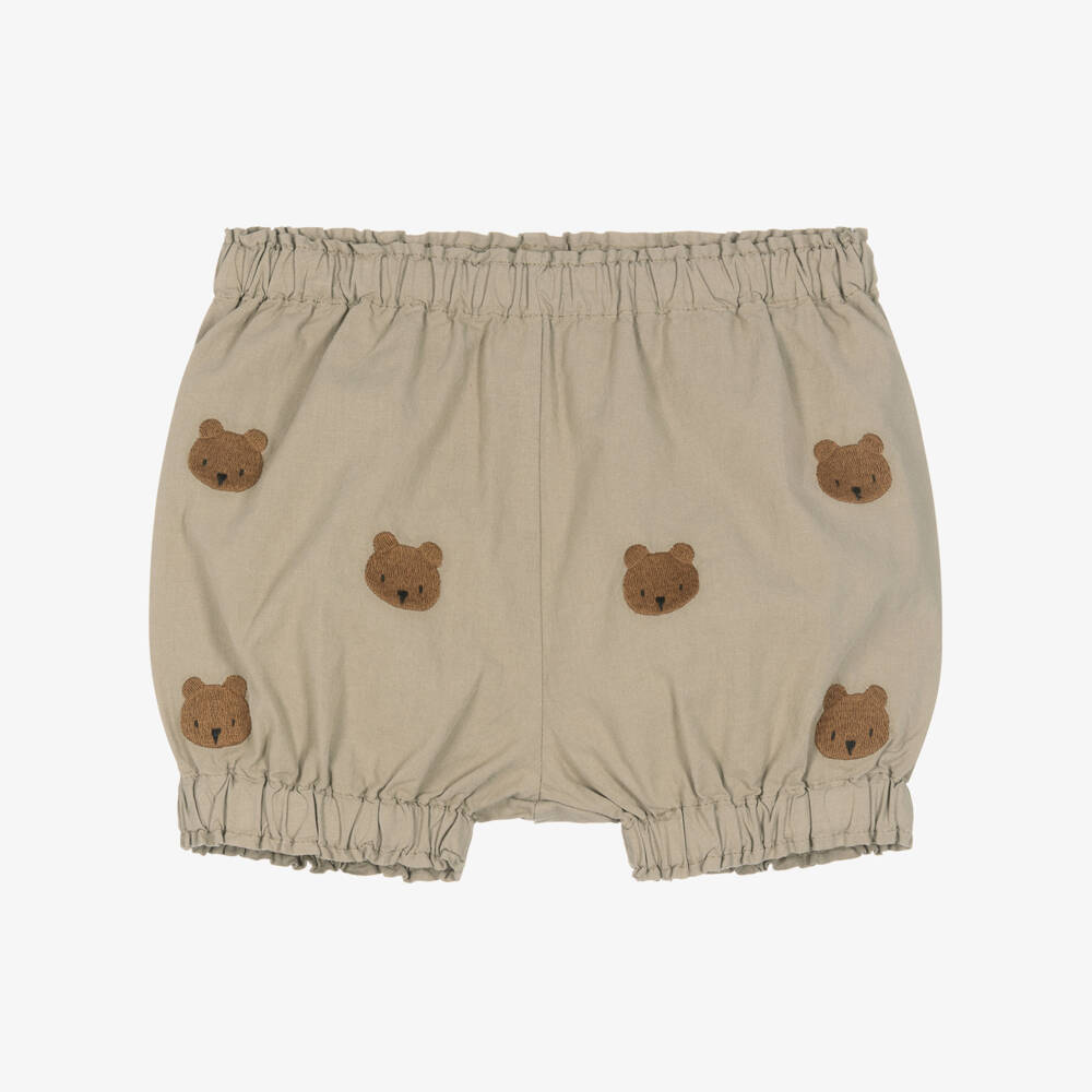Donsje-Beige Embroidered Cotton Teddy Bear Shorts | Childrensalon