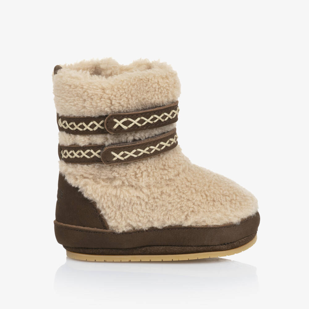 Donsje-Beige Fleece & Brown Nubuck Baby Boots | Childrensalon