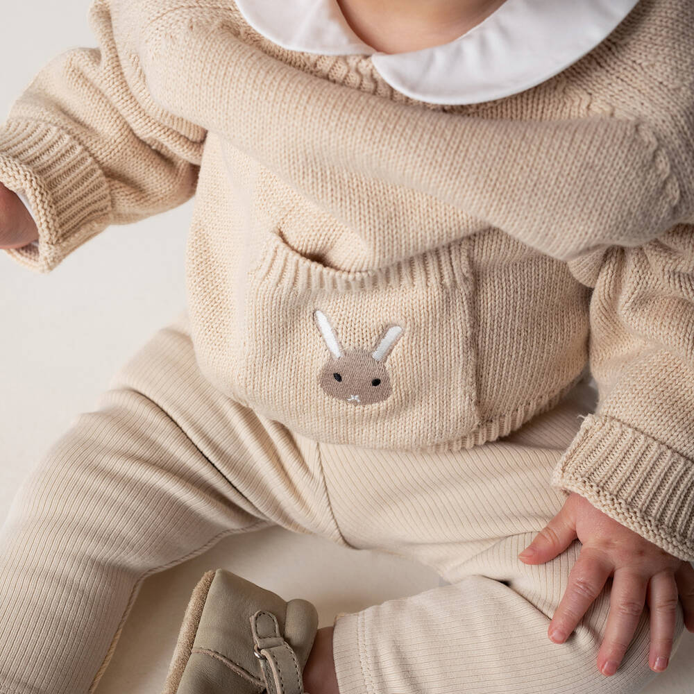 Donsje-Beige Knitted Cotton Bunny Sweater | Childrensalon