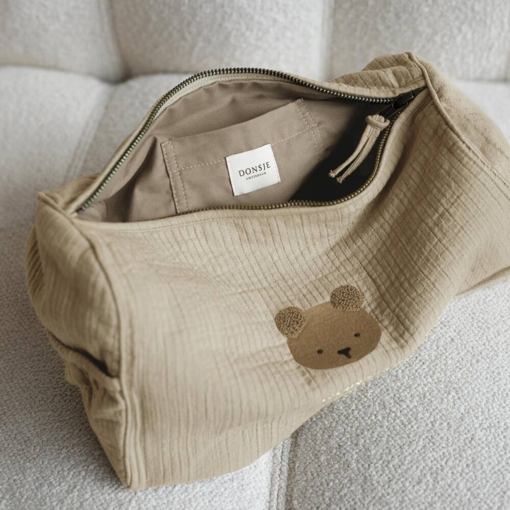 Donsje-Beige Organic Cotton Washbag with Teddy Bear Motif (28cm) | Childrensalon