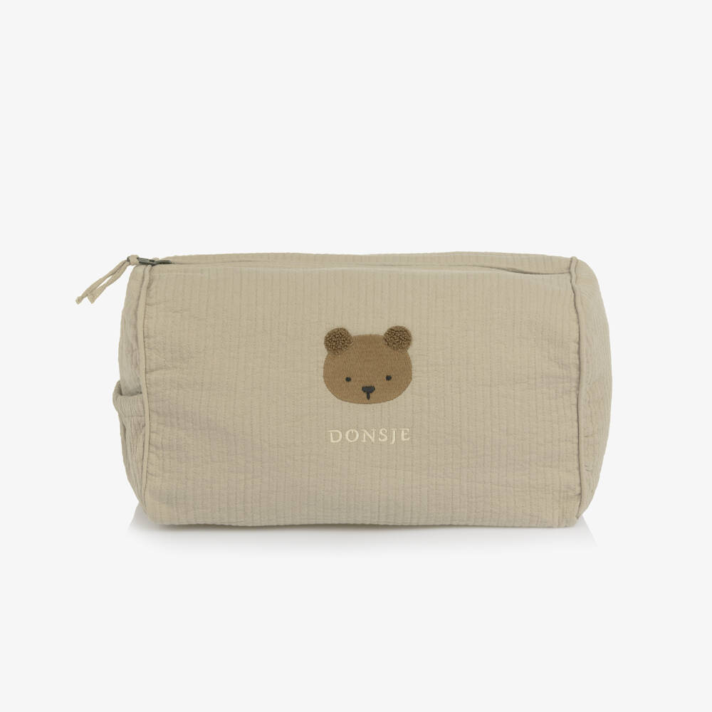 Donsje-Beige Organic Cotton Washbag with Teddy Bear Motif (28cm) | Childrensalon
