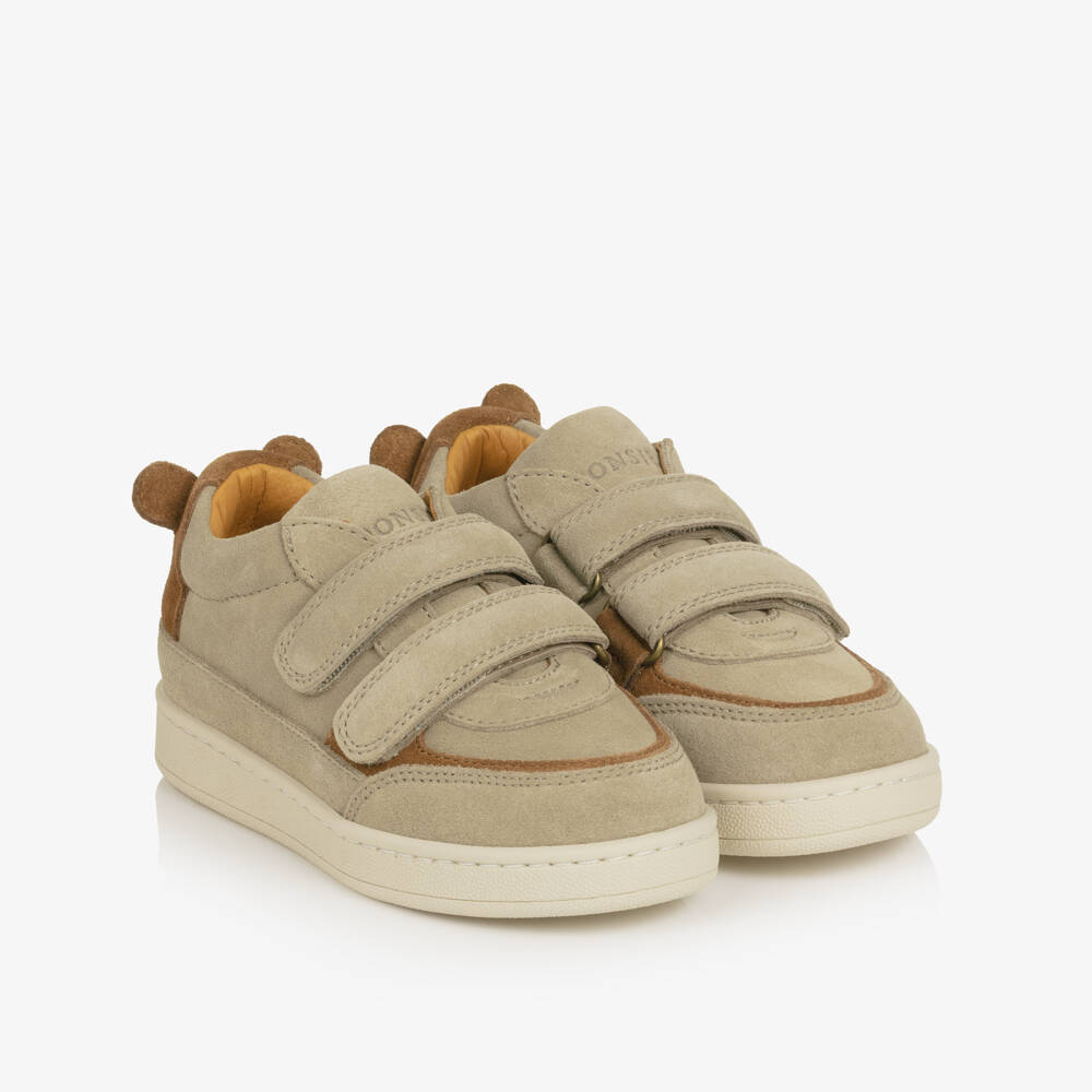 Donsje-Boys Beige Suede Trainers with Brown Bear Motif | Childrensalon