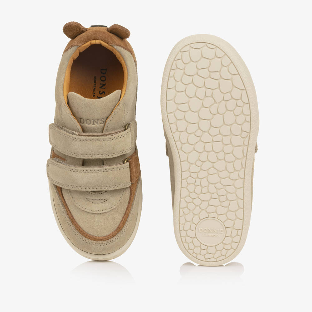 Donsje-Boys Beige Suede Trainers with Brown Bear Motif | Childrensalon