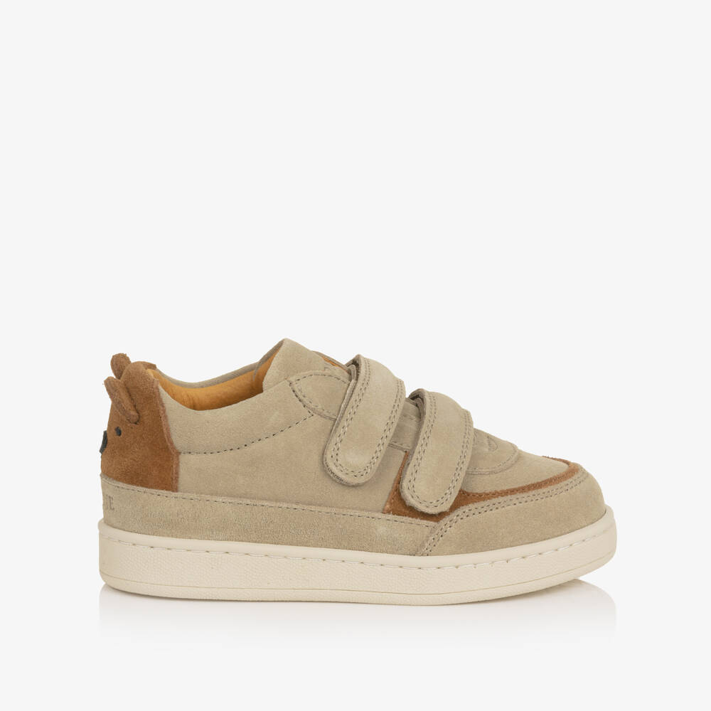 Donsje-Boys Beige Suede Trainers with Brown Bear Motif | Childrensalon