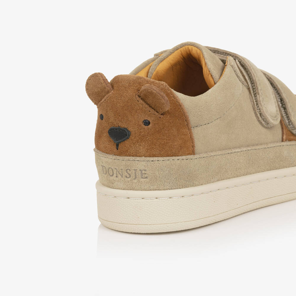 Donsje-Boys Beige Suede Trainers with Brown Bear Motif | Childrensalon