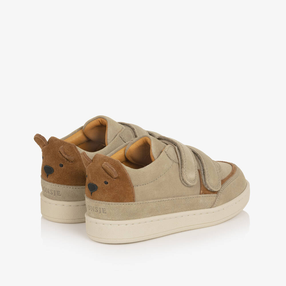 Donsje-Boys Beige Suede Trainers with Brown Bear Motif | Childrensalon