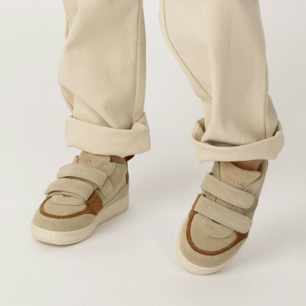Donsje-Boys Beige Suede Trainers with Brown Bear Motif | Childrensalon