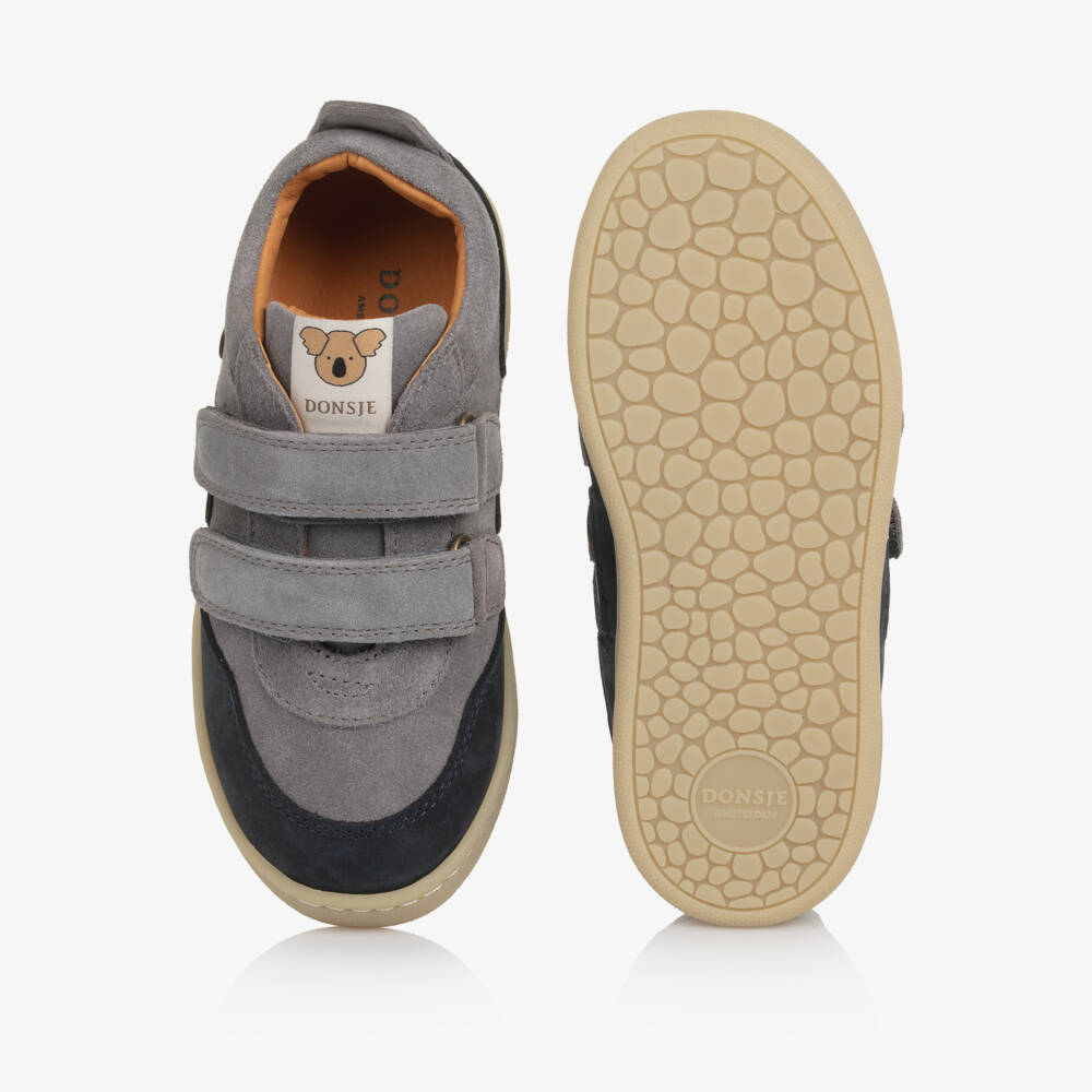 Donsje-Boys Grey & Navy Blue Suede Leather Trainers | Childrensalon