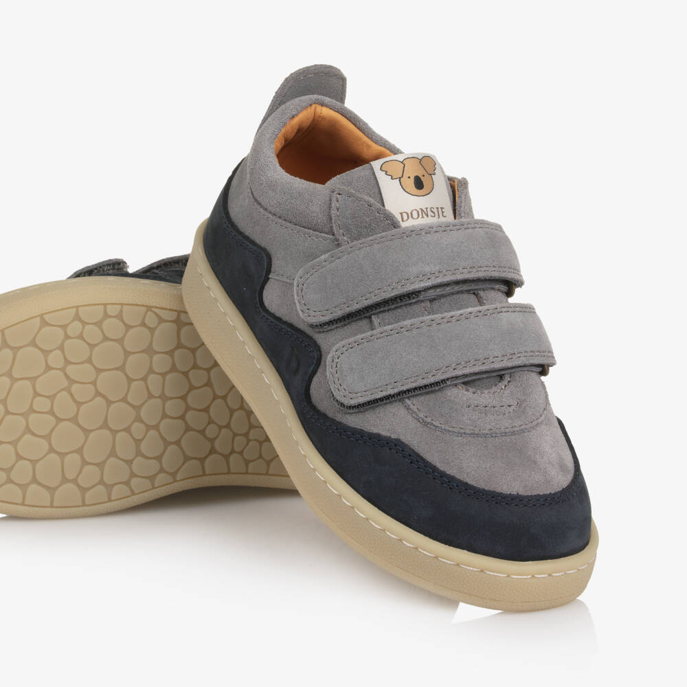 Donsje-Boys Grey & Navy Blue Suede Leather Trainers | Childrensalon