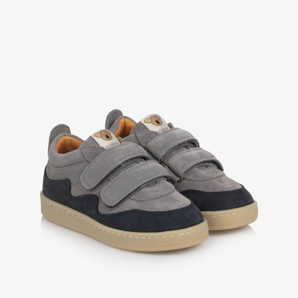 Donsje-Boys Grey & Navy Blue Suede Leather Trainers | Childrensalon