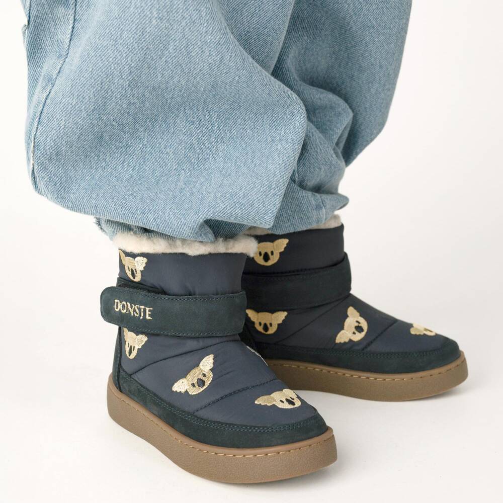 Donsje-Embroidered Koala Boots in Navy Blue | Childrensalon