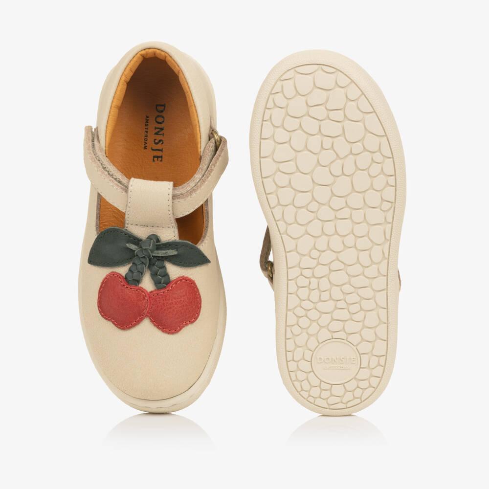 Donsje-Girls Beige Leather Bar Shoes with Cherry Motif | Childrensalon