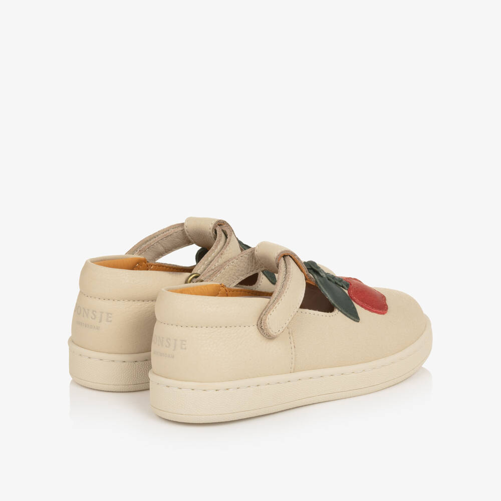 Donsje-Girls Beige Leather Bar Shoes with Cherry Motif | Childrensalon