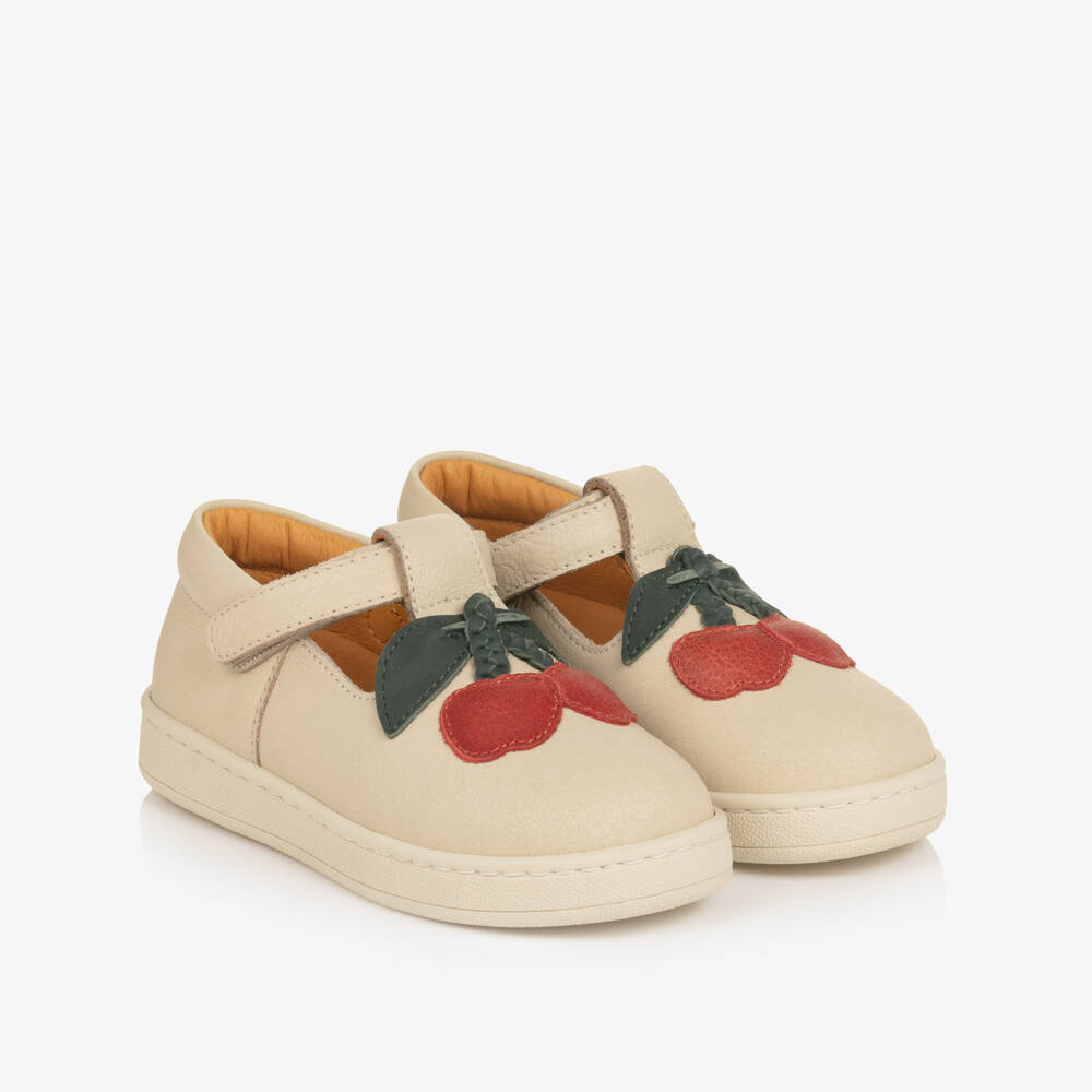 Donsje-Girls Beige Leather Bar Shoes with Cherry Motif | Childrensalon